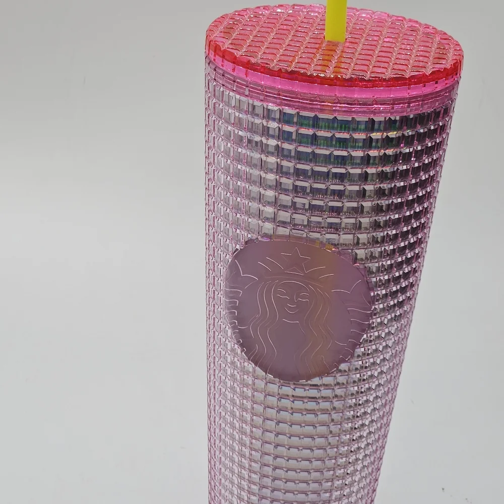 pink bubblegum grid 24 ounce venti tumbler with yellow straw ☆☆ new☆☆ - Picture 6 of 16